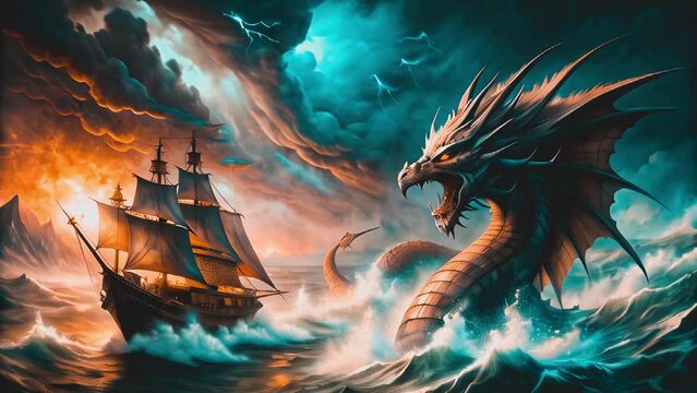 A fierce dragon battling a ship on the stormy seas