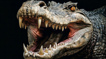 Obraz premium A crocodile with its mouth wide open, showing its teeth. Concept of danger and power, as the crocodile's mouth is wide open, ready to attack. The teeth are sharp and menacing