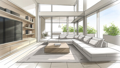 Elegant Modern Living Room Sketch with Natural Light and Comfort