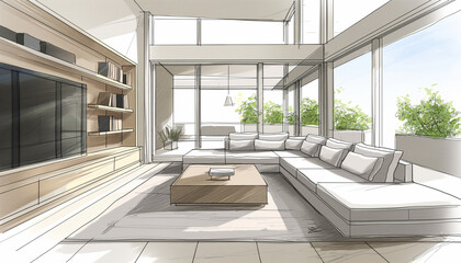 Fototapeta premium Elegant Modern Living Room Sketch with Natural Light and Comfort