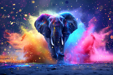 A colorful elephant is standing in a colorful cloud of powder. elephant is surrounded by a rainbow of colors, creating a sense of movemen, energy. Elephant Happy Holi colorful festival - obrazy, fototapety, plakaty
