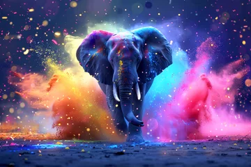 Foto op Plexiglas A colorful elephant is standing in a colorful cloud of powder. elephant is surrounded by a rainbow of colors, creating a sense of movemen, energy. Elephant Happy Holi colorful festival © Nataliia_Trushchenko