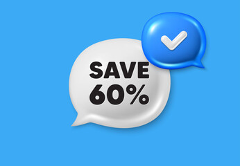 Save 60 percent off tag. Text box speech bubble 3d icons. Sale Discount offer price sign. Special offer symbol. Discount chat offer. Speech bubble banner. Text box balloon. Vector