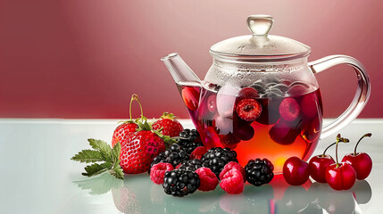 Freshly brewed fruit and berry tea in a glass tea pot on gradient red background. Vitamins health concept