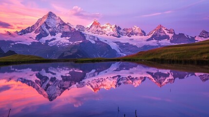 Mountains reflected in lake at sunset with pink sky