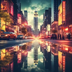 In the bustling streets of Manhattan, New York, skyscrapers tower overhead, creating a dynamic cityscape that pulses with energy and life. - obrazy, fototapety, plakaty