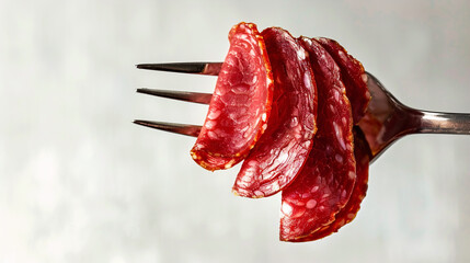 Thin slices of salami or salchichon on a fork on white gray marble background. Traditional meat specialty of Italian Spanish cuisine