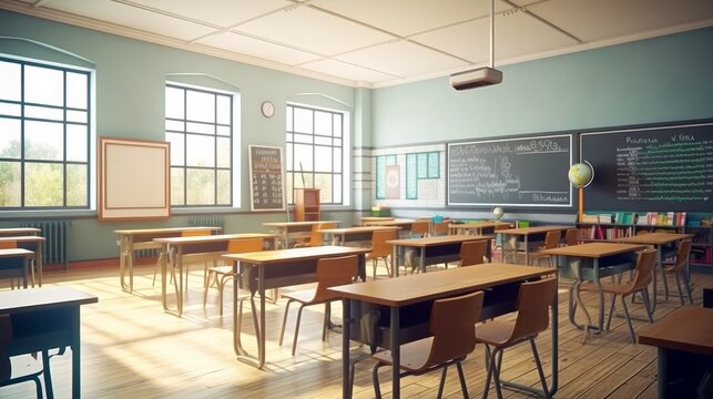 Empty chairs in classroom no student and teacher in public school with different nature over light from windows and shadow. Soft Vintage Style. High quality photo