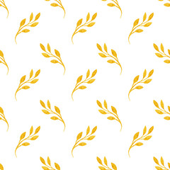 Fototapeta premium Watercolor botanical wallpaper and fabric design. Autumn falling yellow tree leaves. Silhouettes of twigs. Floral decor on a white background. Boho style texture and print