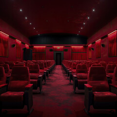 Dark movie theater, rows of seats in deep red color , photorealistic, Nikon z8