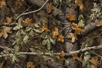 Autumn Oak Leaves on Tree Bark
