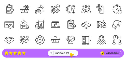 Washing hands, Communication and Laptop repair line icons for web app. Pack of Timer, Airplane travel, Global business pictogram icons. Augmented reality, Shopping basket, Open door signs. Vector