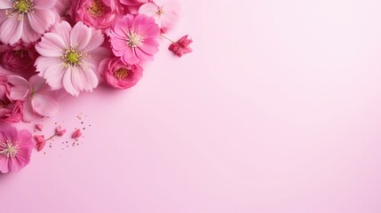 pink background or texture with spring flowers. frame, place for text. template, greeting card for Mother's Day, March 8