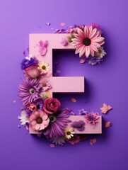 Letter E made of real natural flowers and leaves, on a violet background. Spring, summer and valentines creative idea.