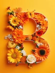 Letter B made of real natural flowers and leaves, on a orange background. Spring, summer and valentines creative idea