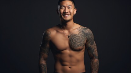 Fototapeta na wymiar young asian man with tattoo smiling. portrait of a generation Z guy. drawing on the skin. self-expression and beauty