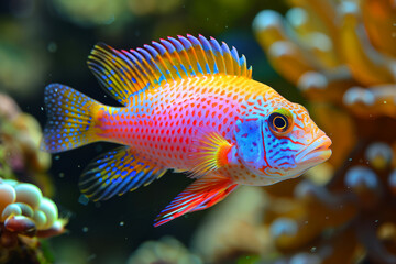 A colorful fish swimming in a tank. The fish is bright orange, blue, and yellow. The tank is decorated with plants and rocks. Exotic fantasy fish
