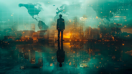 global communication, international business company concept, double exposure with skyscrapers, people, world map 