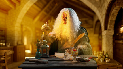 An old man alchemist in a medieval chemical laboratory workshop - 781546522