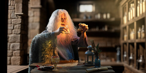 An old man alchemist in a medieval chemical laboratory workshop