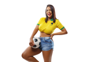  Brazilian girl celebrating with the soccer ball and national flag.