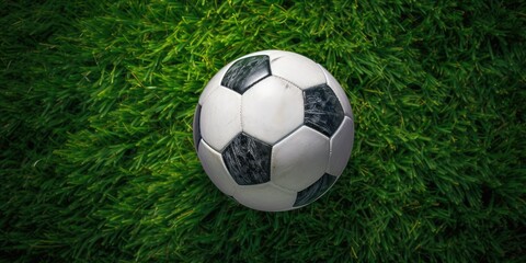 Top View of Soccer Ball on Grass Field. Close up of Soccer Ball on Green Grass Background. Generative AI