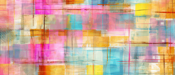 Vibrant Abstract Textile Art with Translucent Layers and Urban Elements