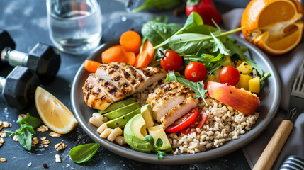 Aa balanced meal with lean proteins, vegetables, fruits, and whole grains on a plate