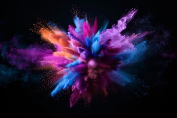 Fototapeta premium Abstract colored dust explosion on a black background. Abstract powder splatted background. Freeze motion of color powder exploding, throwing color powder, multicolored texture. High quality photo