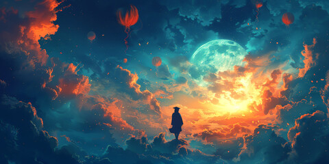A graduate's silhouette against a fantasy sky with moon and hot air balloons, for dreamy concepts. Graduation time in educational institutions.