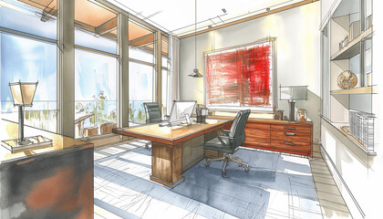 Stylish Home Office Interior Sketch with Sea View
