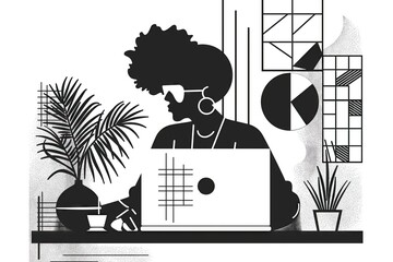 Trendy woman working on a laptop in a stylized monochrome home office - remote work and modern lifestyle