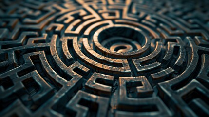 An intricate 3D labyrinth representing a complex and challenging situation, symbolizing problem-solving and decision-making in a maze-like scenario.