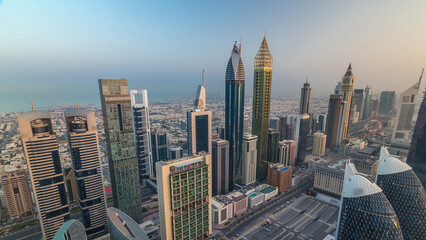 Skyline view of the buildings of Sheikh Zayed Road and DIFC aerial timelapse in Dubai, UAE.