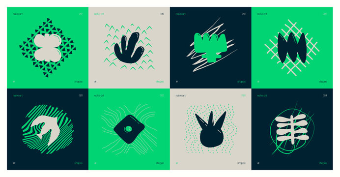 Set of compositions from silhouettes minimalistic bizarre childish abstract unusual shapes and texture in matisse art style, Hand drawn color playful naive geometric forms, vector art set 2