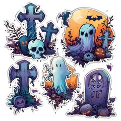 Halloween stickers, cartoon ghosts, crosses and graves.