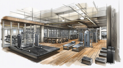 Hand-Drawn Sketch of Modern Gym Interior Design Concept - obrazy, fototapety, plakaty
