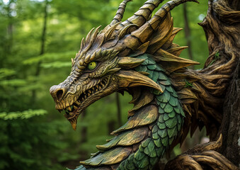 A green dragon with brown scales and green wings is sitting on a rock. The dragon has a menacing look on its face, and its wings are spread wide open. Scene is one of power and strength