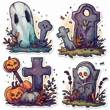 Halloween stickers, cartoon ghosts, crosses and graves.