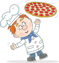 Funny young cook in a chef hat merrily joggling with a very tasty and freshly backed pizza with cheese, sausage and tomatoes for holiday treat, vector cartoon illustration on a white background