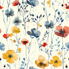 Watercolor seamless pattern with blue, yellow and red poppies and wildflowers in pastel shades on the light background