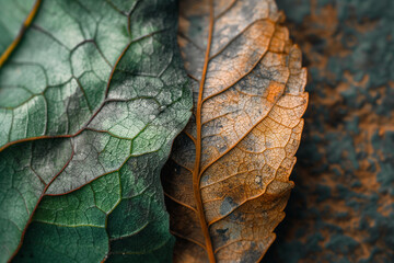 Texture of a green leaf and dry leaf