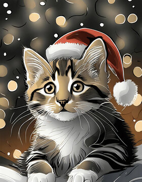 Cartoon winter cat, wearing a santa hat, illustration. 
