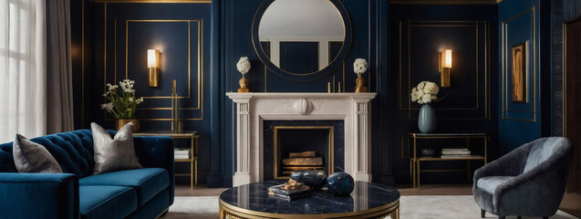 Art deco-infused living room design, highlighted by a chic fireplace and accentuated by a luxurious dark blue feature wall.