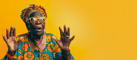 Funny looking older African woman, with excited expression, hands in air. Studio photo banner copy space on side. Generative AI