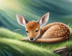 Small fawn sleeping on the grassy ground, illustration.