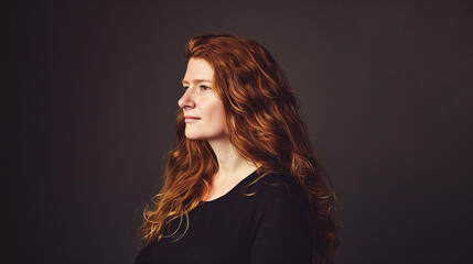Naklejka premium A profile portrait of a red-haired woman against a dark background, exuding a calm and contemplative demeanor