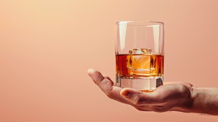 Hand holding glass of whiskey. Banner with copy space