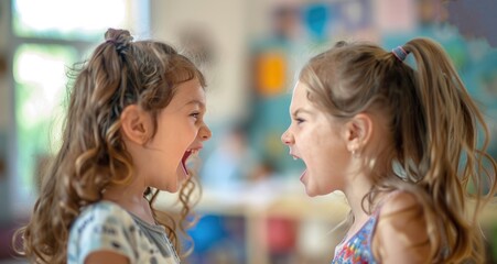 Two teenage girls argue furiously and shout at each other in heated disagreement. The topic of communication difficulties in school and kindergarten.