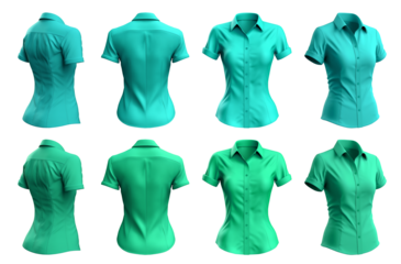2 Set of woman turquoise blue green button up short sleeve collar slim fitting shirt front, back, side view on transparent background cutout, PNG file. Mockup template for artwork graphic design